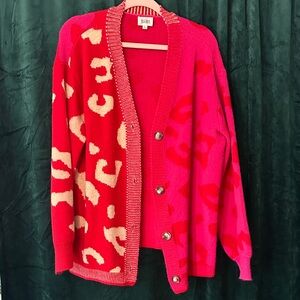 BiBi Bright Pink & Red Leopard Cardigan with Cream Spots